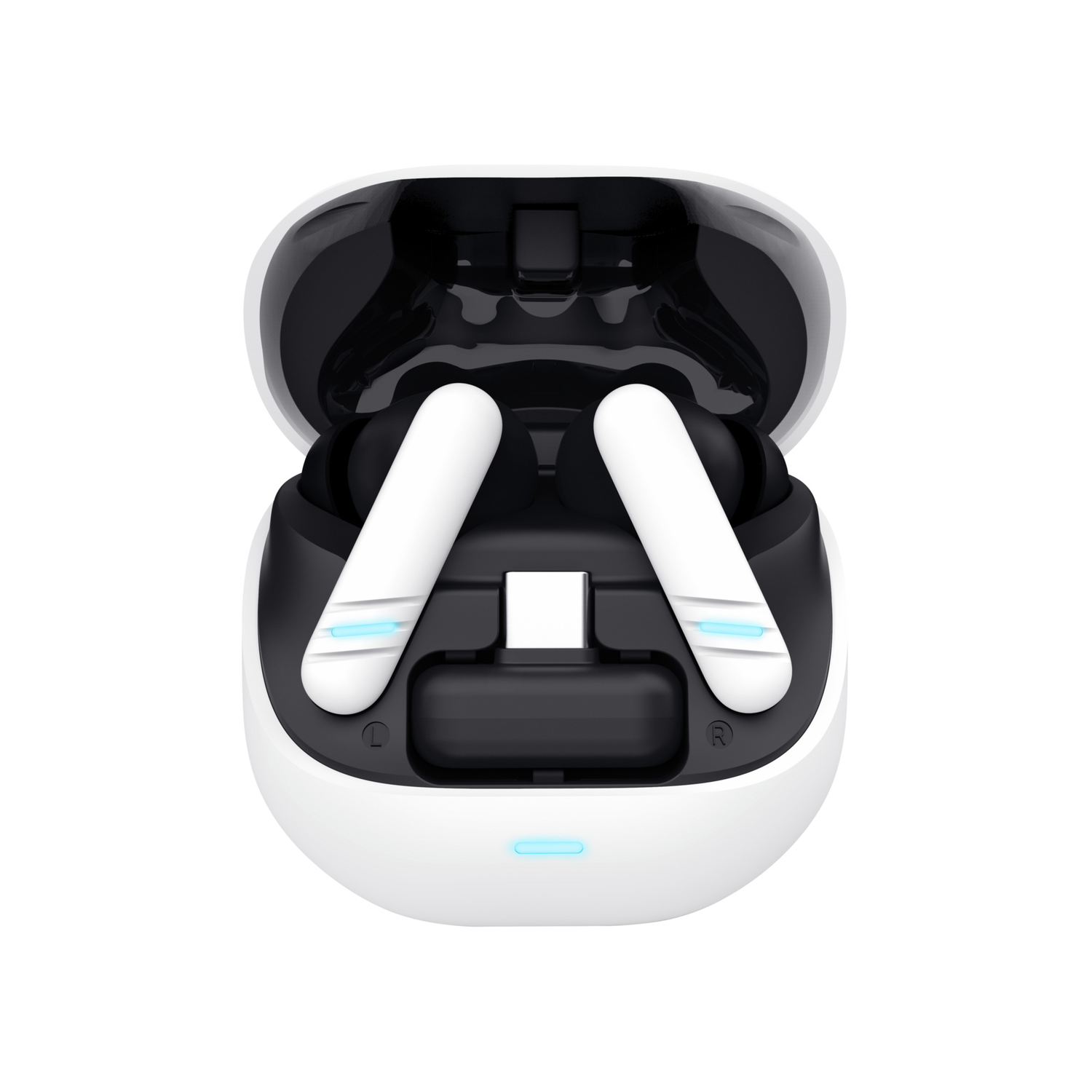 White earbud case open with two white earbuds inside, blue light at the bottom.