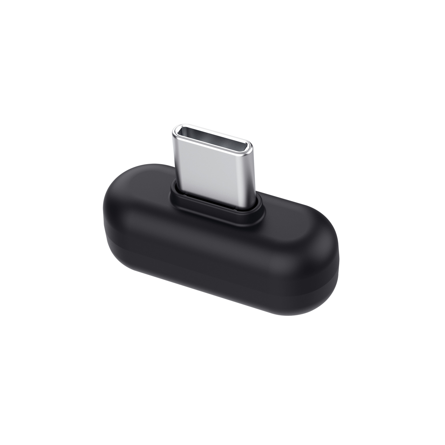 Black USB-C adapter with a silver connector. Oval shape on white background.