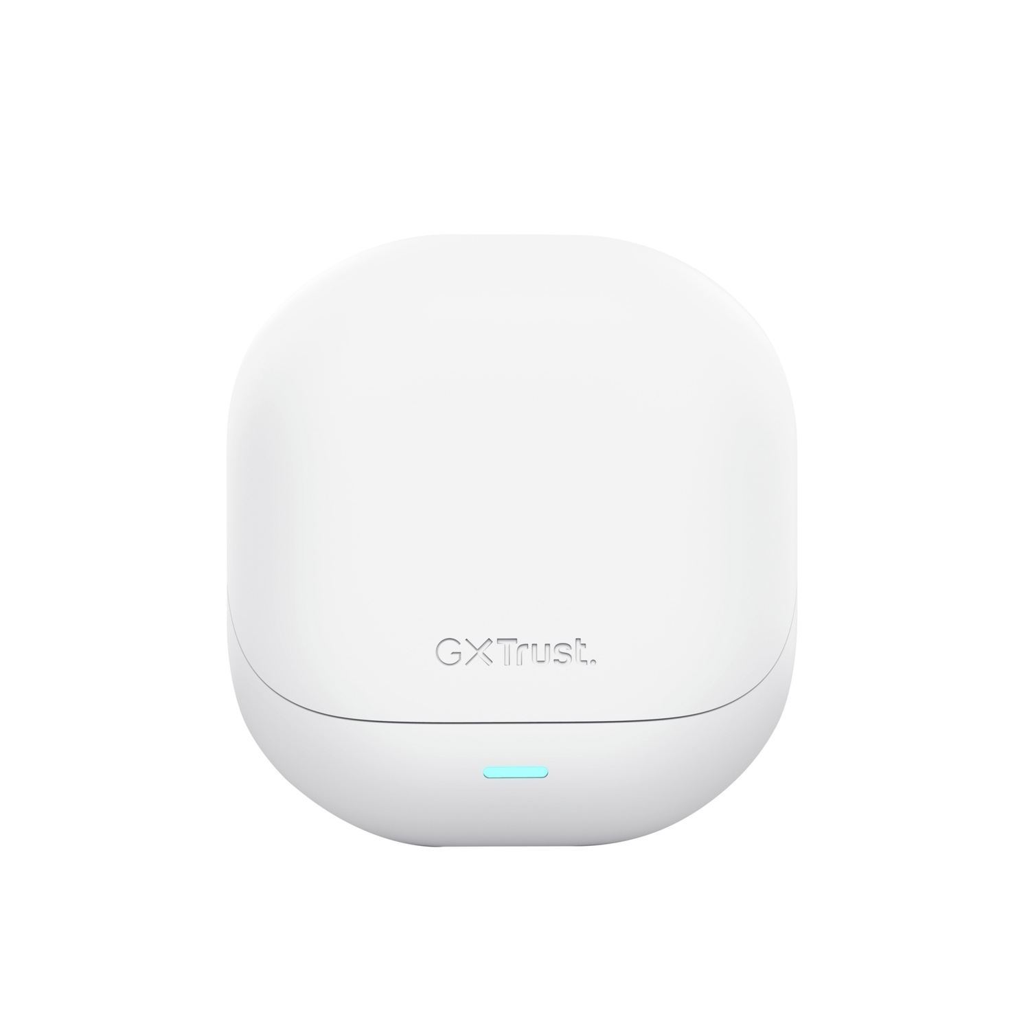 White GXTtrust charging base with a blue light on the bottom. Rounded square shape.