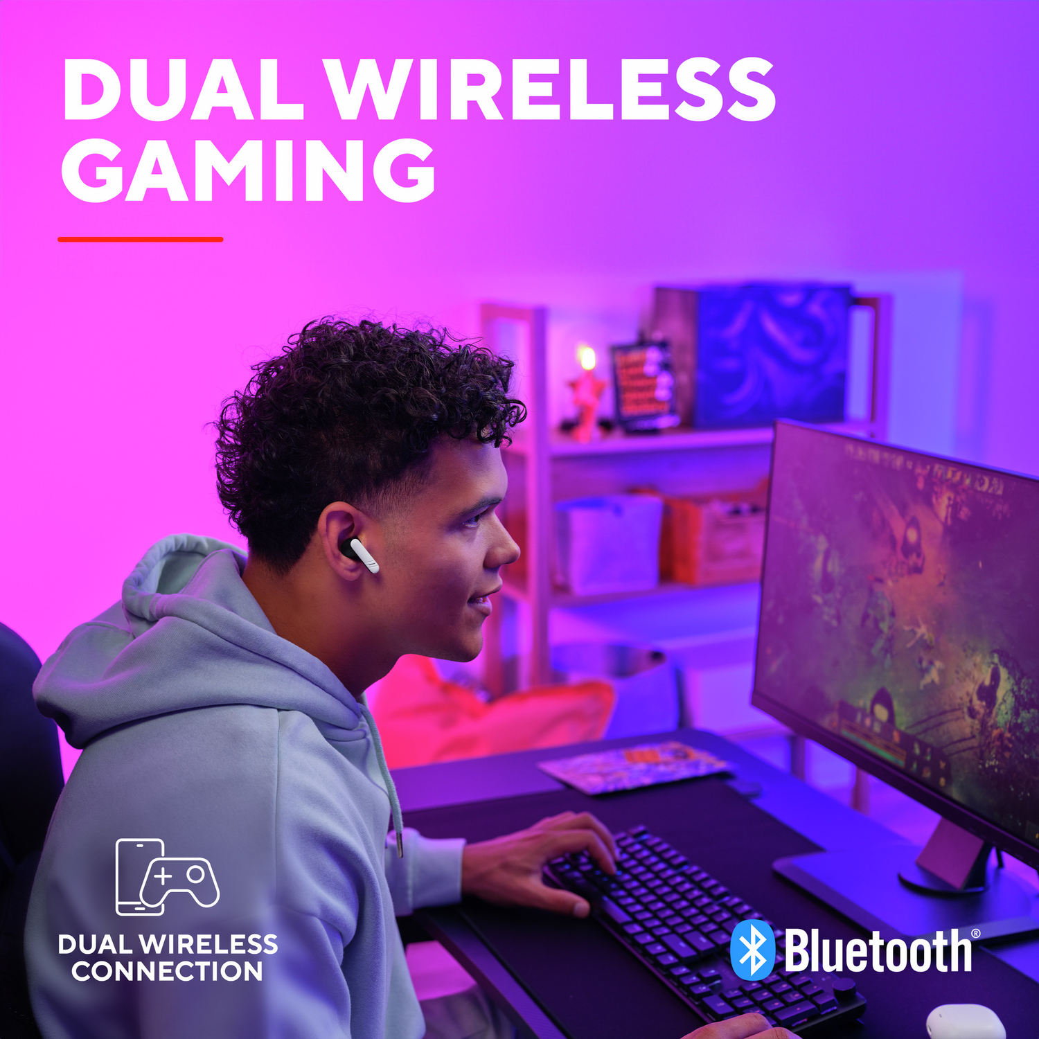 Man gaming with earbuds, PC, keyboard, and Bluetooth logo. Text: Dual Wireless Gaming, Dual Wireless Connection.