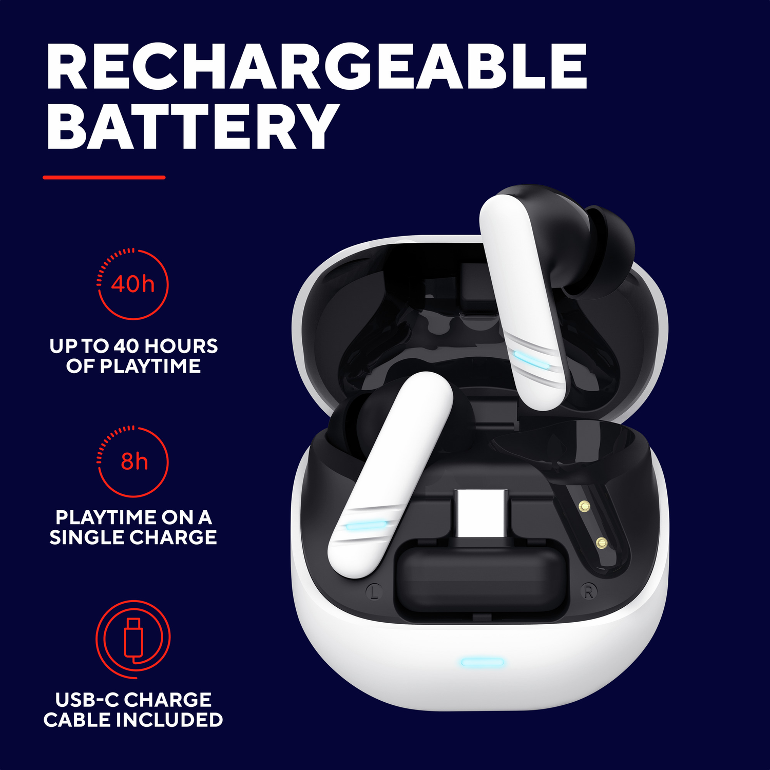 A pair of wireless earbuds and a charging case.