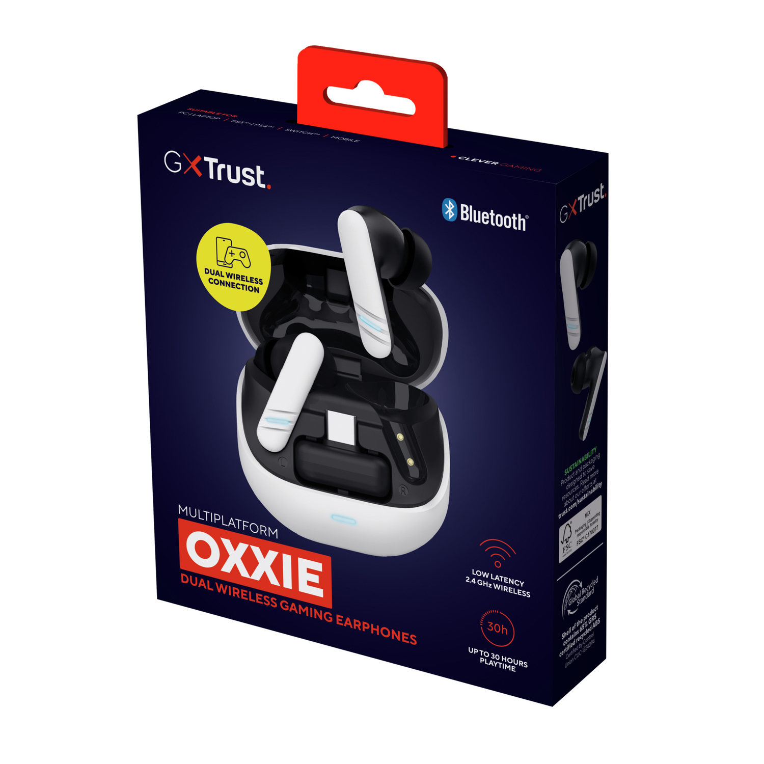 Box with Oxxie dual wireless gaming earphones. White and black earbuds in a charging case. Red handle on top. Bluetooth logo.