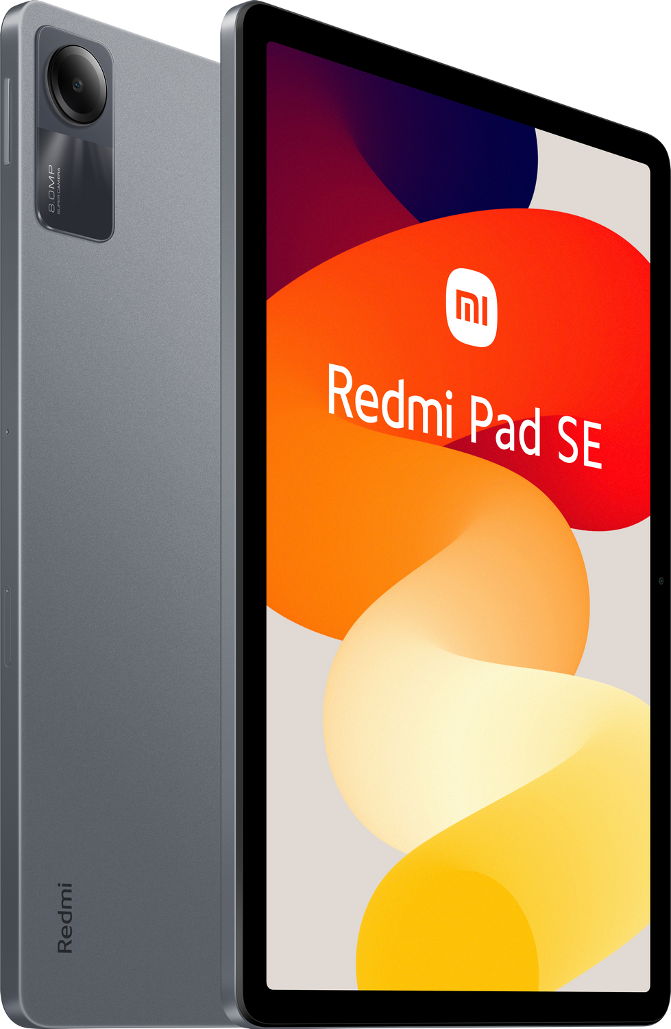 Una tableta gris Redmi Pad SE con un fondo colorido.