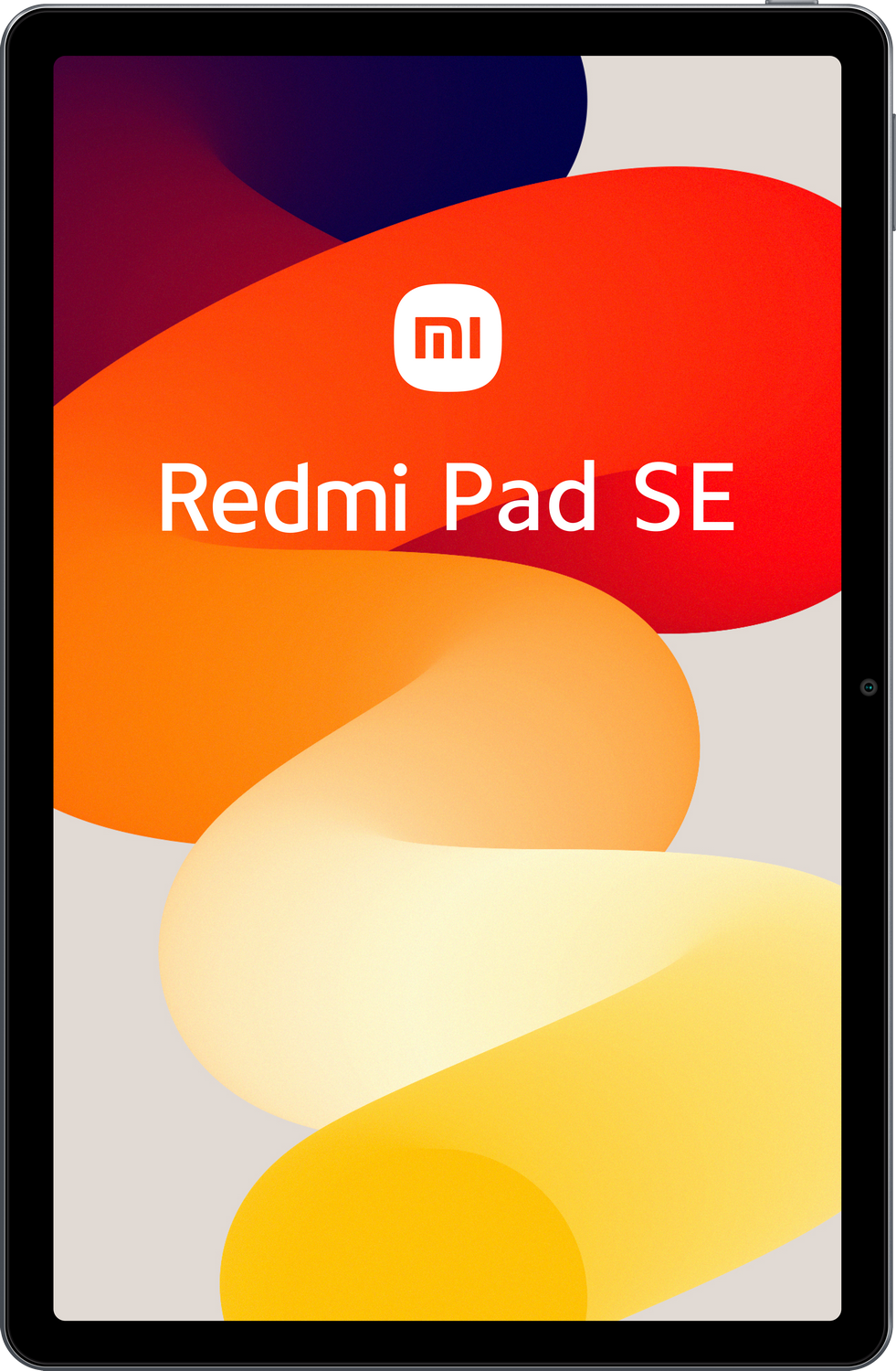Tableta Redmi Pad SE, vista frontal, con fondo abstracto colorido.