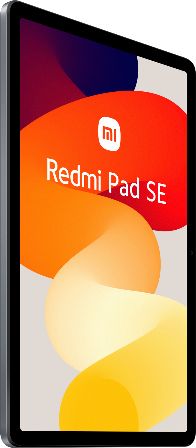 Tableta Redmi Pad SE, vista en ángulo, con fondo abstracto colorido.