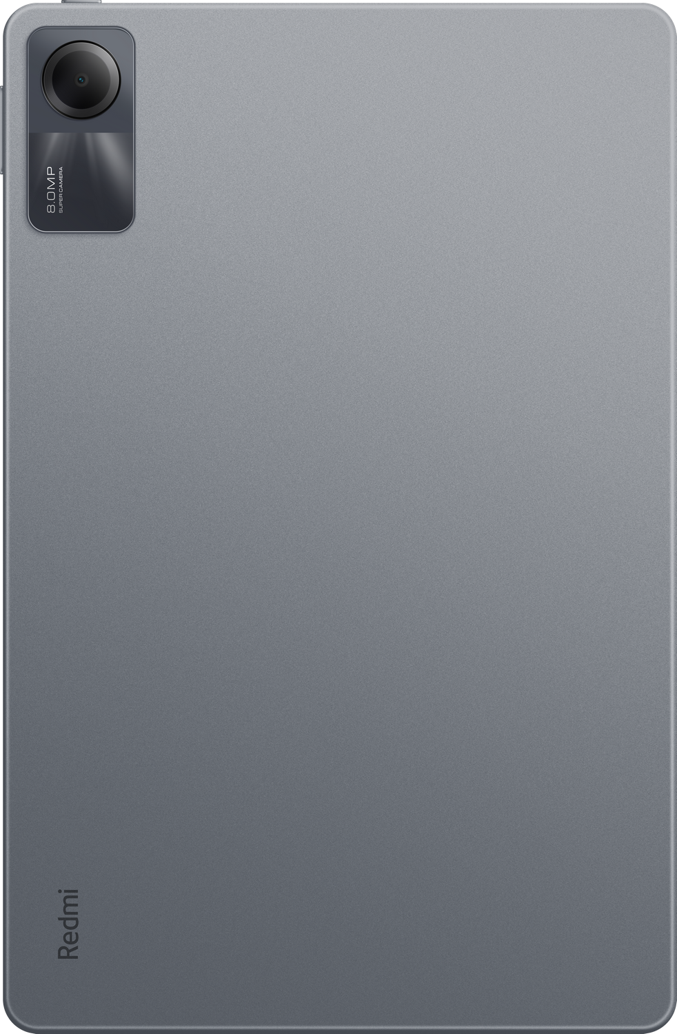 Vista trasera de una tableta gris con cámara y logotipo Redmi.