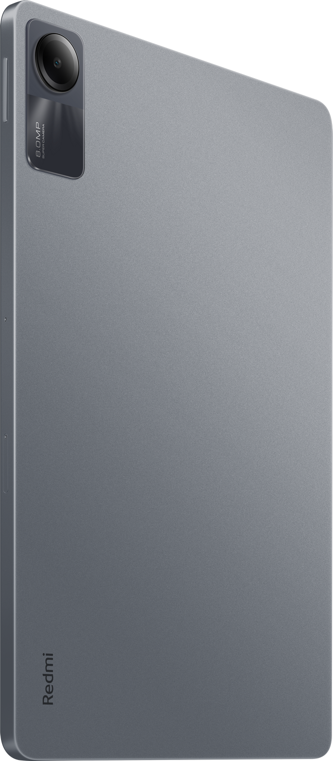 Tableta Redmi, vista en ángulo, con cámara y logotipo Redmi.