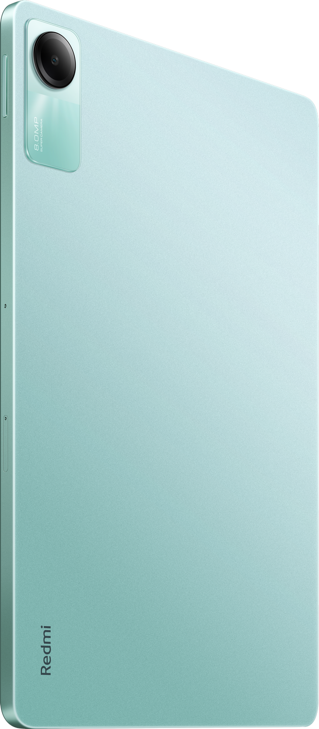 Tableta azul claro, vista en ángulo, con cámara negra y logotipo Redmi.