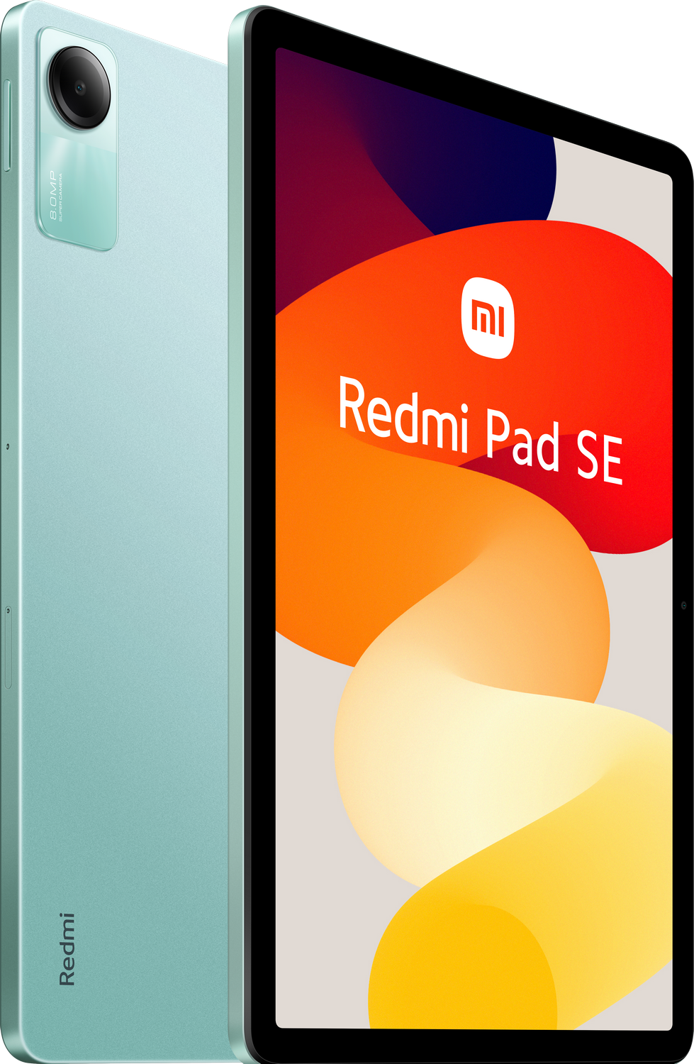 Tableta Redmi Pad SE, parte trasera verde menta, y vista frontal de la pantalla con naranja y amarillo.