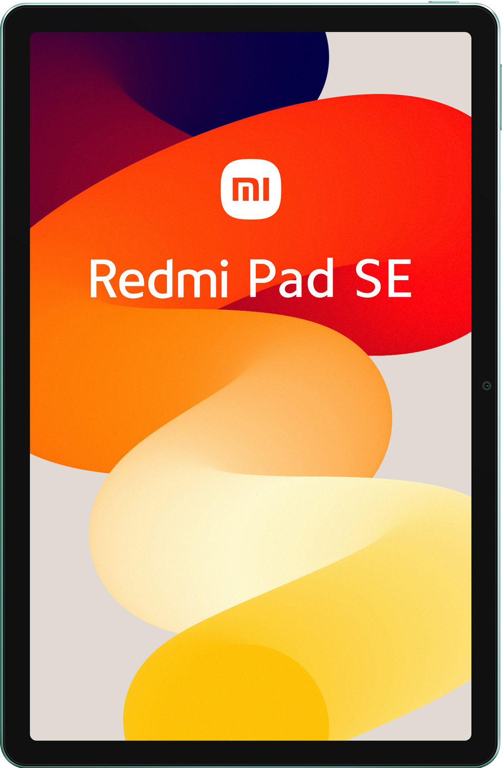 Tableta Redmi Pad SE, vista frontal, con fondo abstracto colorido.