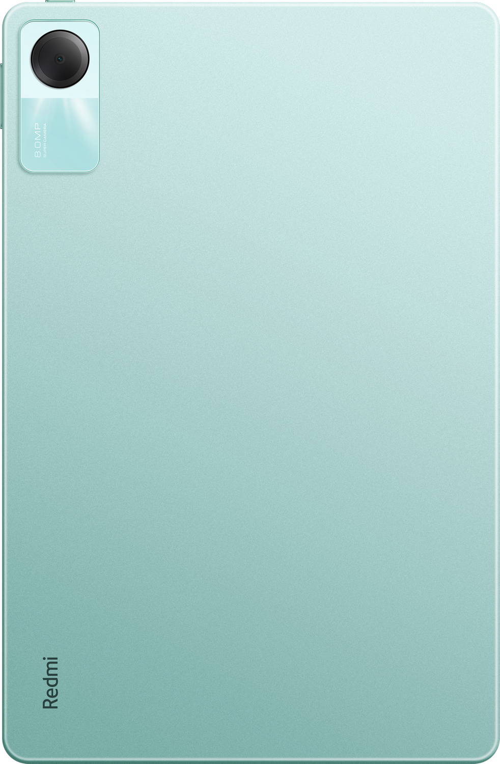 Vista trasera de una tableta azul claro con cámara y logotipo Redmi.