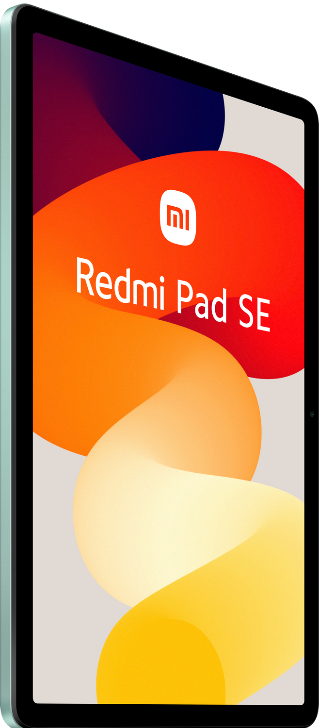 Tableta Redmi Pad SE, vista en ángulo, con fondo abstracto colorido.