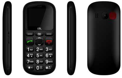 Schwarzes Mobiltelefon mit großen Tasten und Kamera.