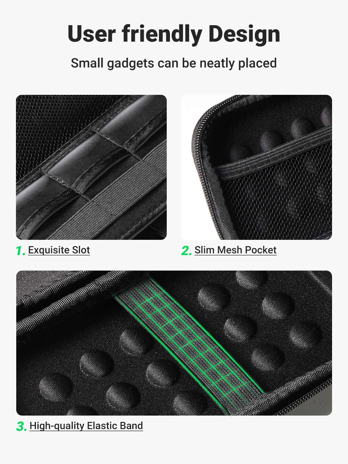 Nahaufnahmen des Inneren einer schwarzen Hülle mit einem Gummiband und Netztaschen, die ein benutzerfreundliches Design veranschaulichen.