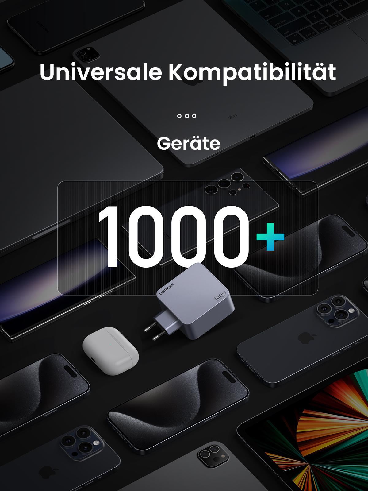 Eine Gruppe elektronischer Geräte auf einer dunklen Oberfläche, mit einem Ladegerät in der Mitte.