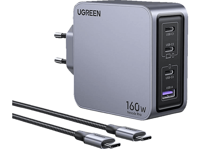 UGREEN Nexode Pro 160W 4-Port GaN Fast Charger Set EU Wall Charger Universal, Gray