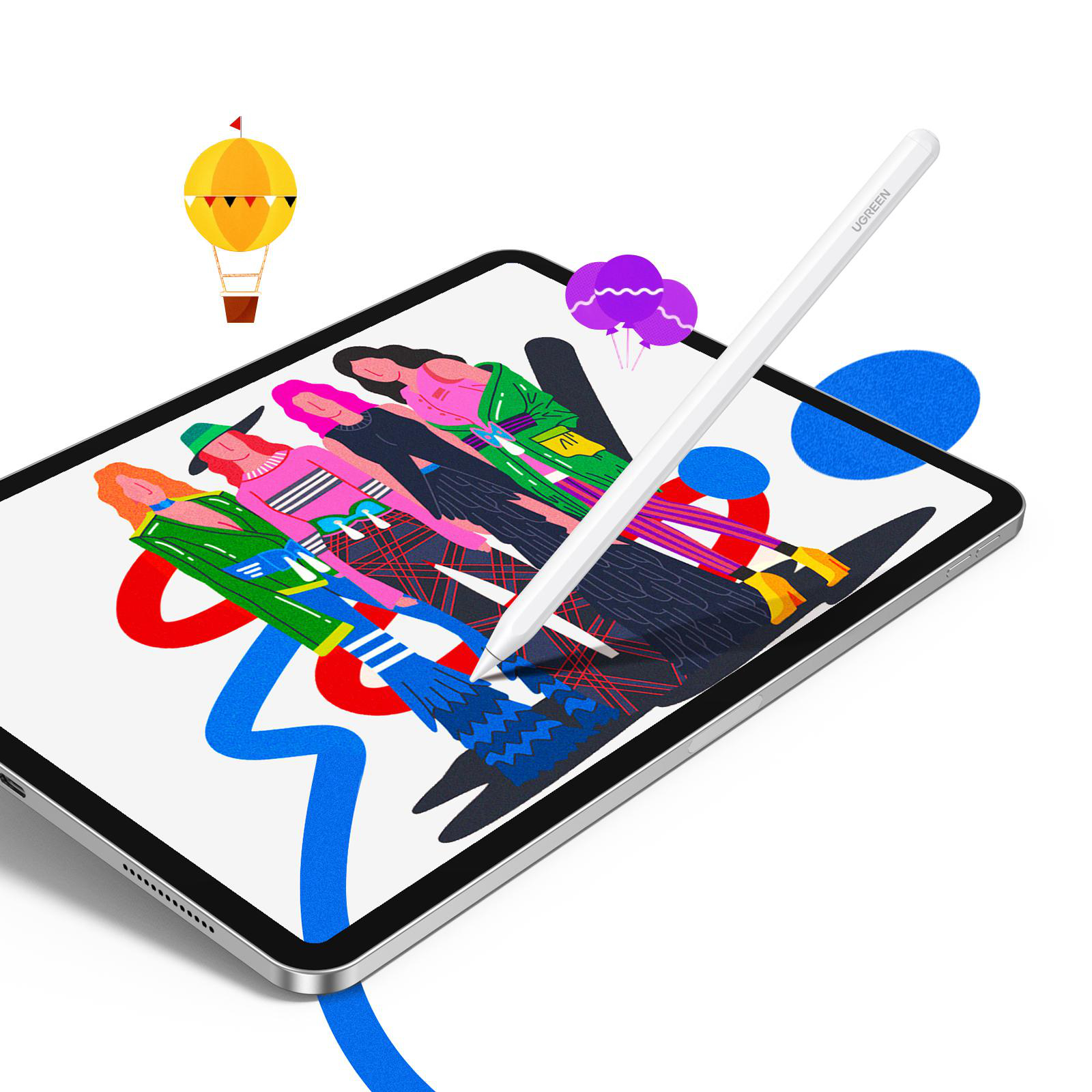 Ein Tablet mit einer bunten Illustration von Menschen, einem Ballon und einem Stift. Der Stift schwebt über dem Tablet.