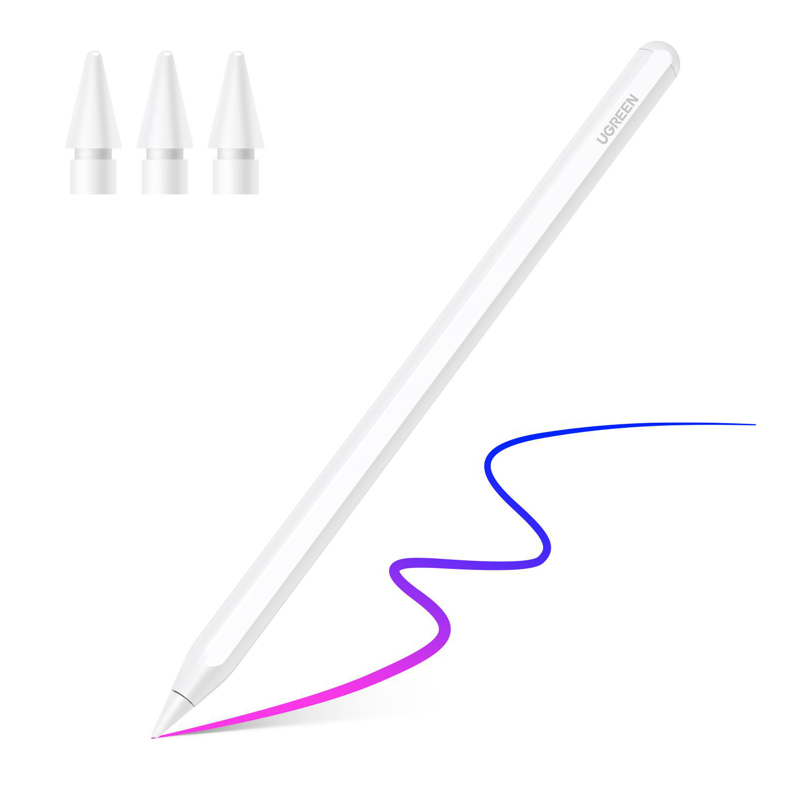 Ein weißer Stift mit drei Ersatzspitzen und eine blaue und lila Linie auf einer weißen Oberfläche.