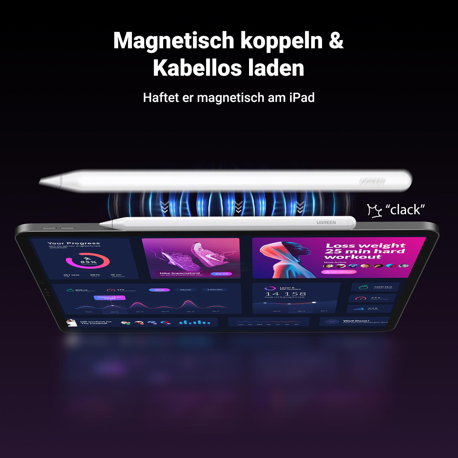 Weißer Eingabestift magnetisch an einem Tablet befestigt, das eine Oberfläche anzeigt.