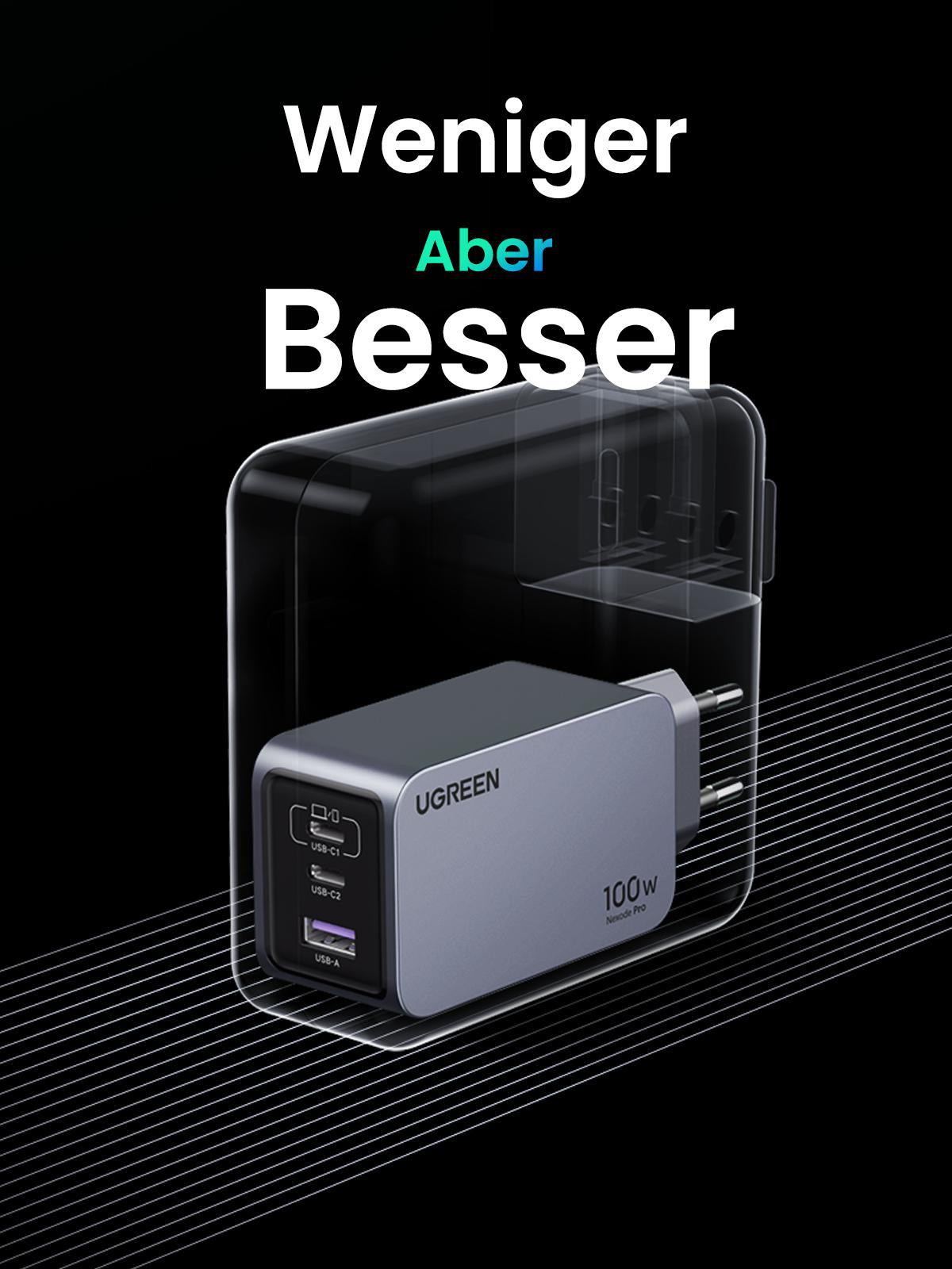 Ein UGREEN Ladegerät in einem transparenten Behälter, mit USB-Anschlüssen und Stecker.