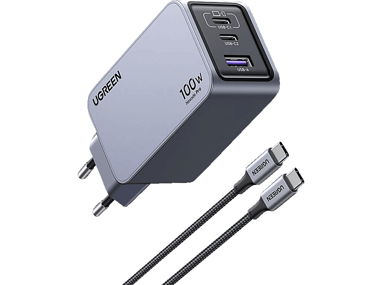 UGREEN Nexode Pro 100W 3-Port GaN Fast Charger Set EU Wall Charger Universal, Gray