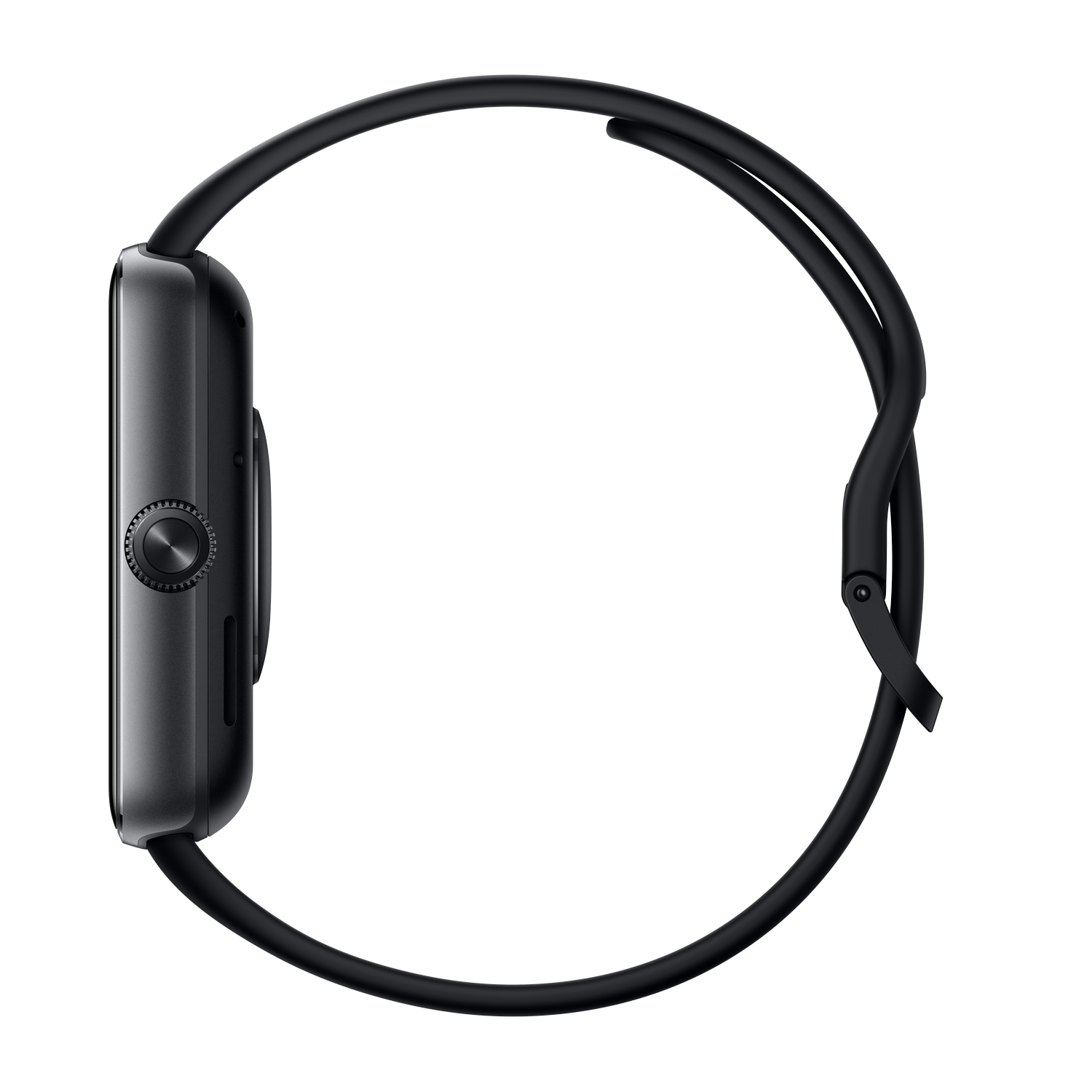 Smartwatch negra, vista de perfil, con correa negra y fondo gris.