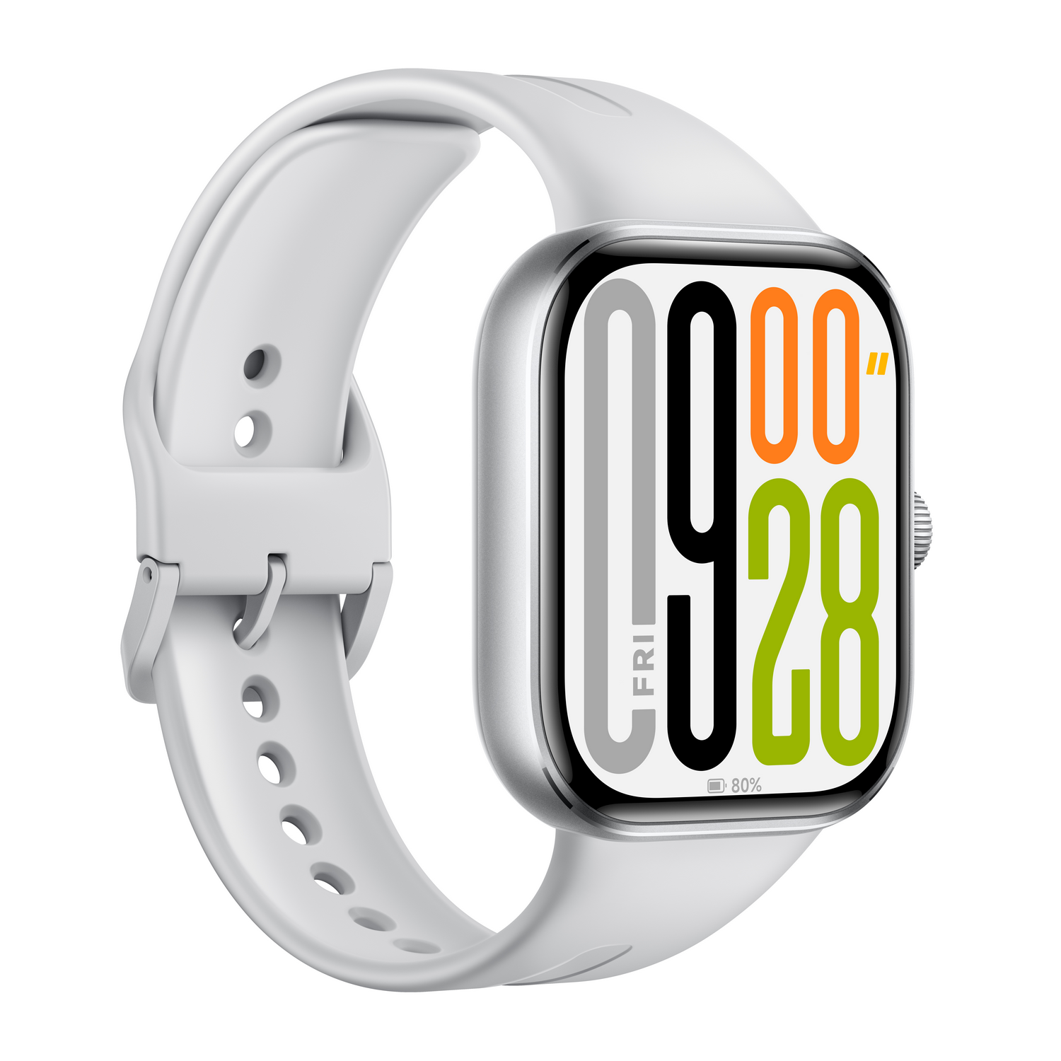 Reloj inteligente blanco con pantalla que muestra la hora, el día y la batería. La banda es blanca.