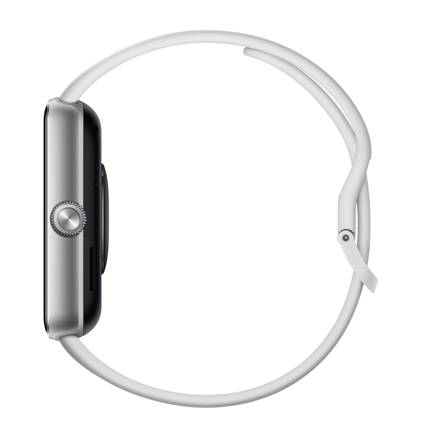 Vista lateral de un smartwatch blanco. El reloj tiene una caja plateada y una correa blanca.