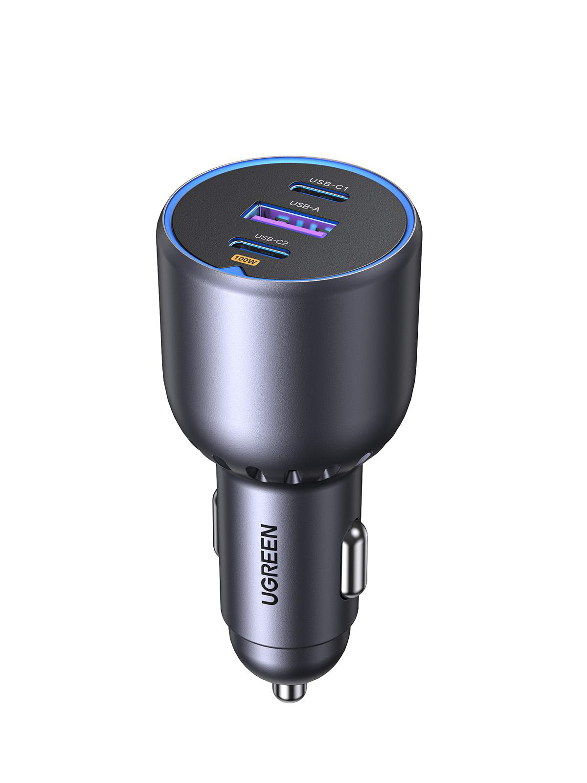 Ein schwarzes UGREEN-Autoladegerät mit mehreren USB-Anschlüssen und silbernem Sockel.