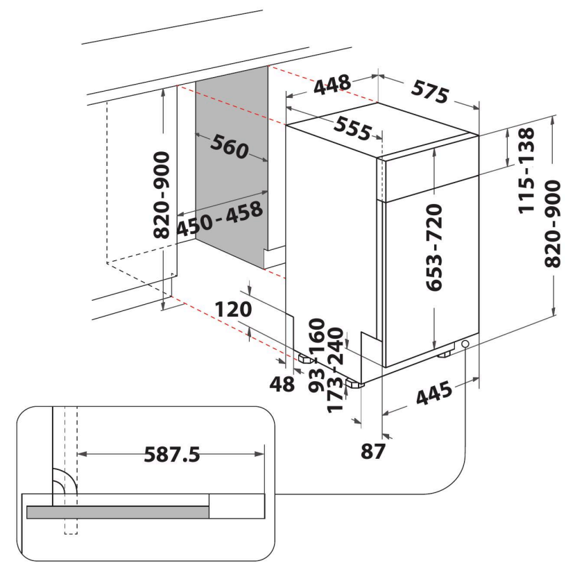 Beépített mosogatógép diagramja. Méreteket és beépítési részleteket mutat a konyhában.