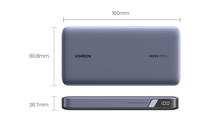 UGREEN Powerbank mit Abmessungen und Spezifikationen: 160 mm x 80,8 mm x 26,7 mm, 145 W, 25000 mAh, mit Digitalanzeige.