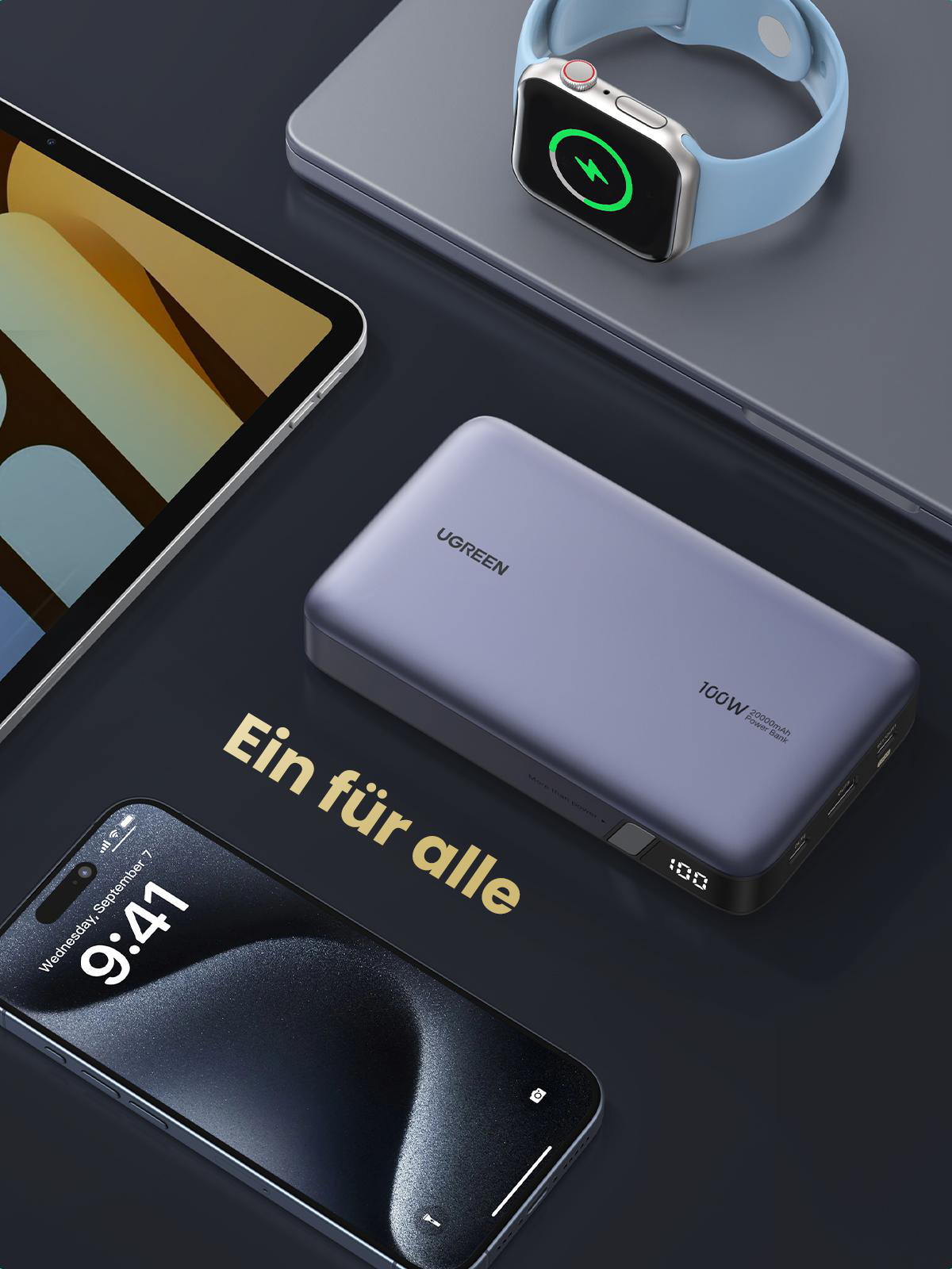 Eine Powerbank mit Telefon, Uhr und Tablet.