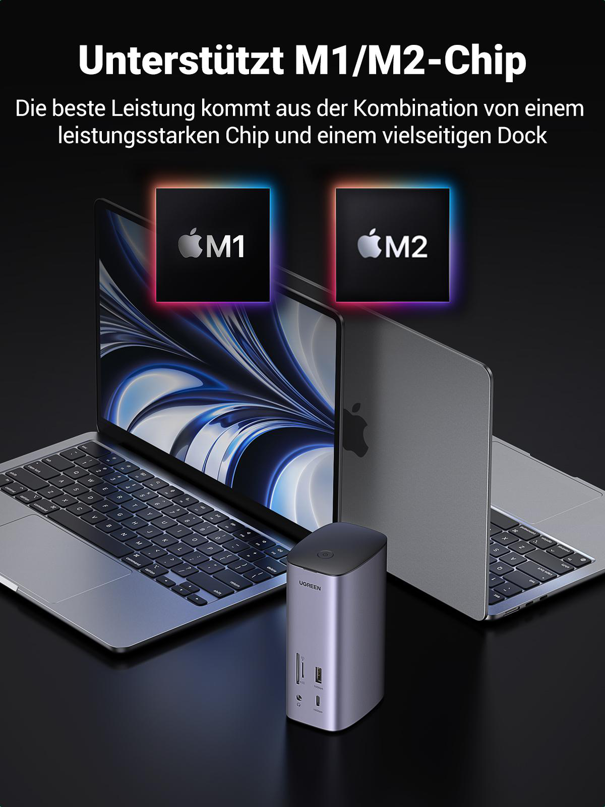 Zwei Laptops und ein Hub. M1- und M2-Chip-Logos werden auf dem Bildschirm angezeigt.