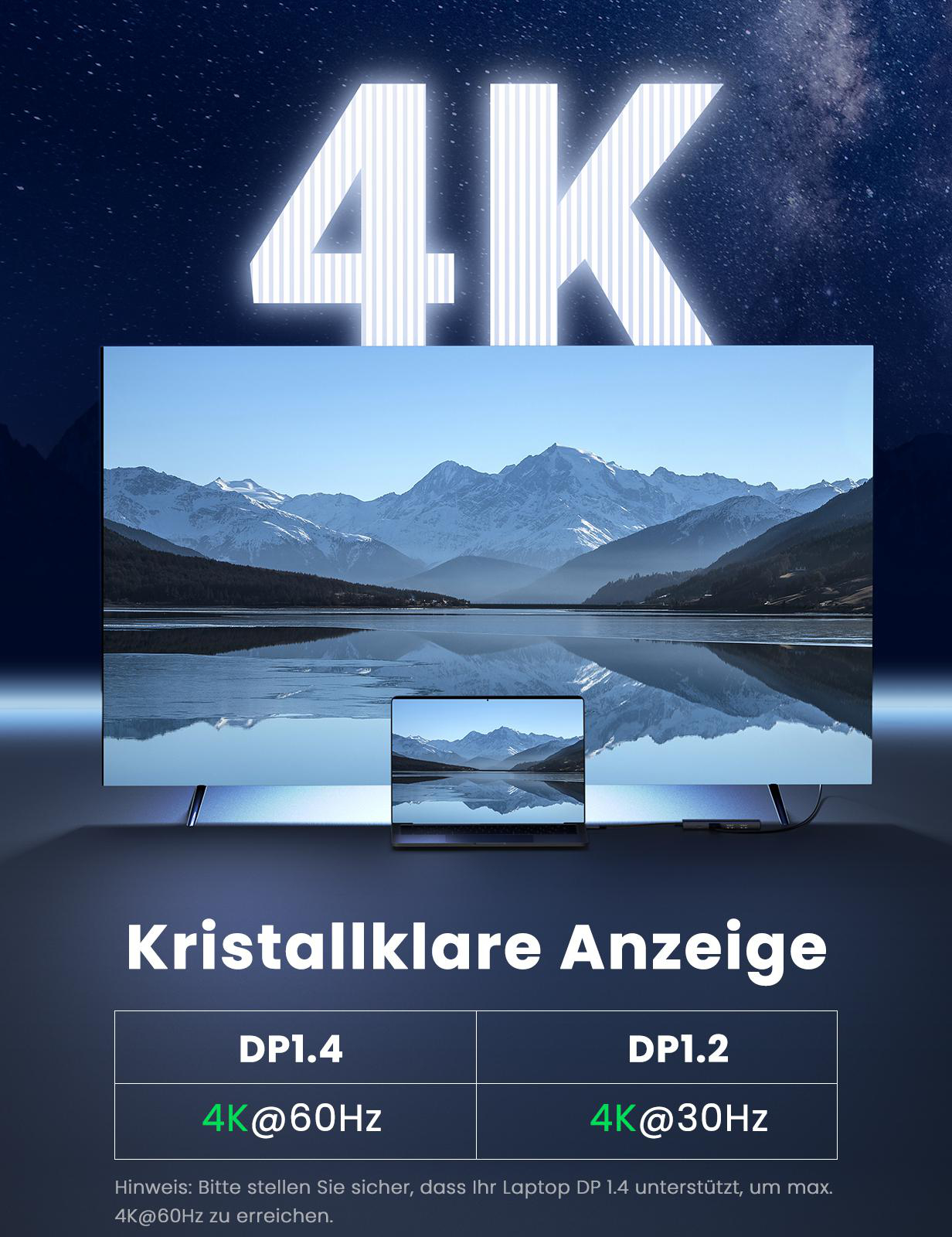 Ein großer Bildschirm zeigt eine Berglandschaft, die über DP1.4 und DP1.2 mit einem Laptop verbunden ist.