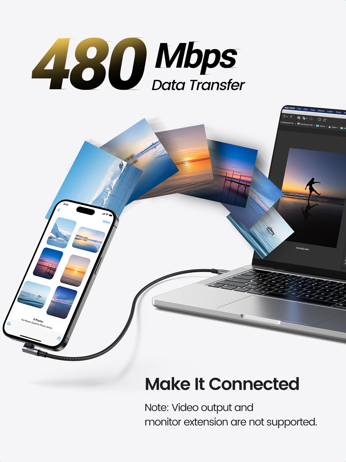 Telefon mit Laptop verbunden, Fotos übertragen; 480 Mbit/s Datenübertragung.