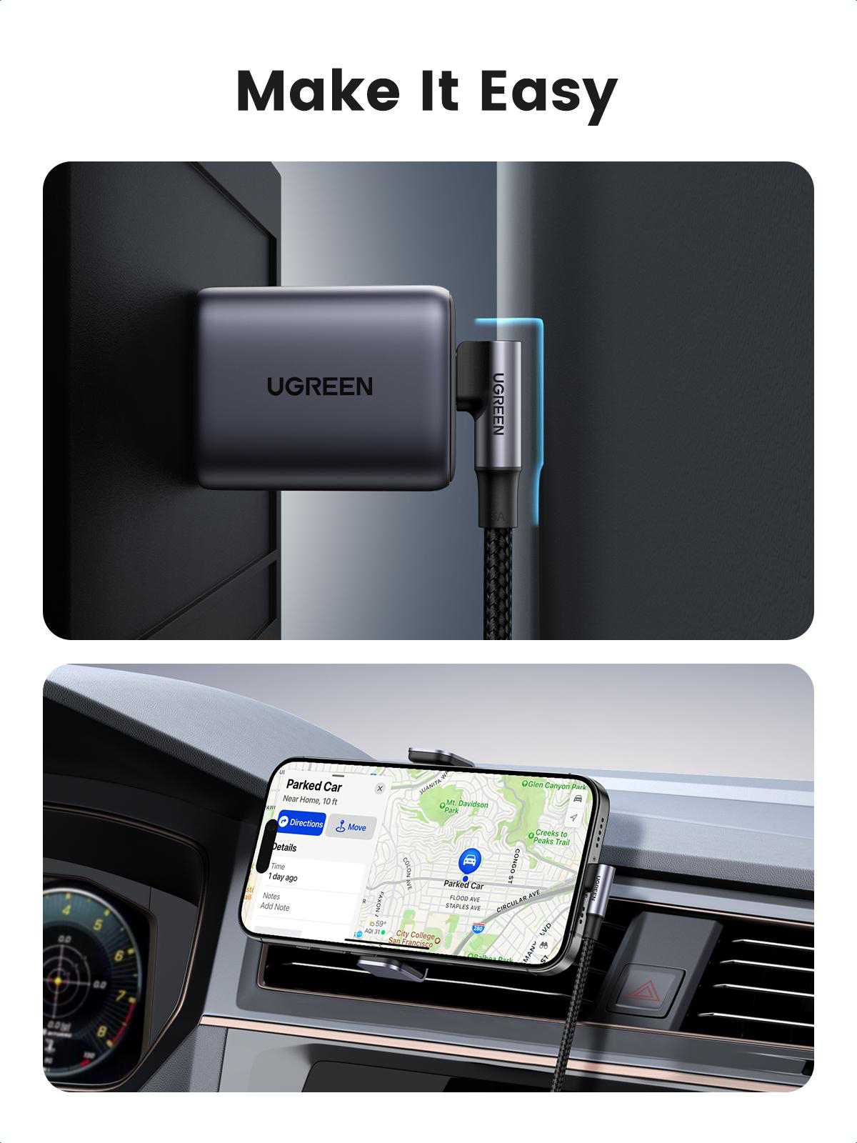 Ein UGREEN-Ladegerät mit seinem Ladekabel an einem Telefon im Auto.