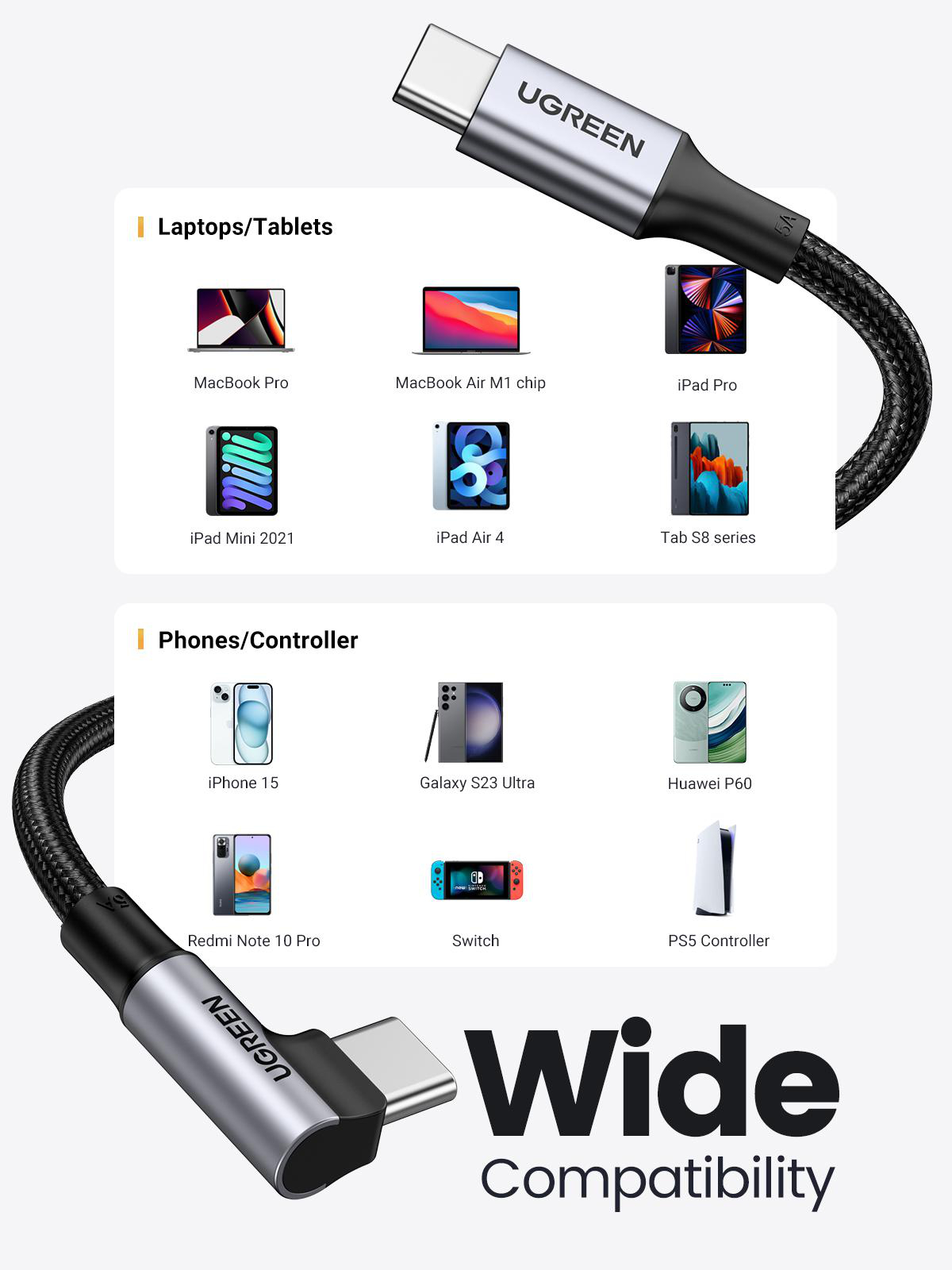 UGREEN-Kabel mit Laptop-/Tablet- und Telefon-/Controller-Bildern, Text 'Wide Compatibility'.