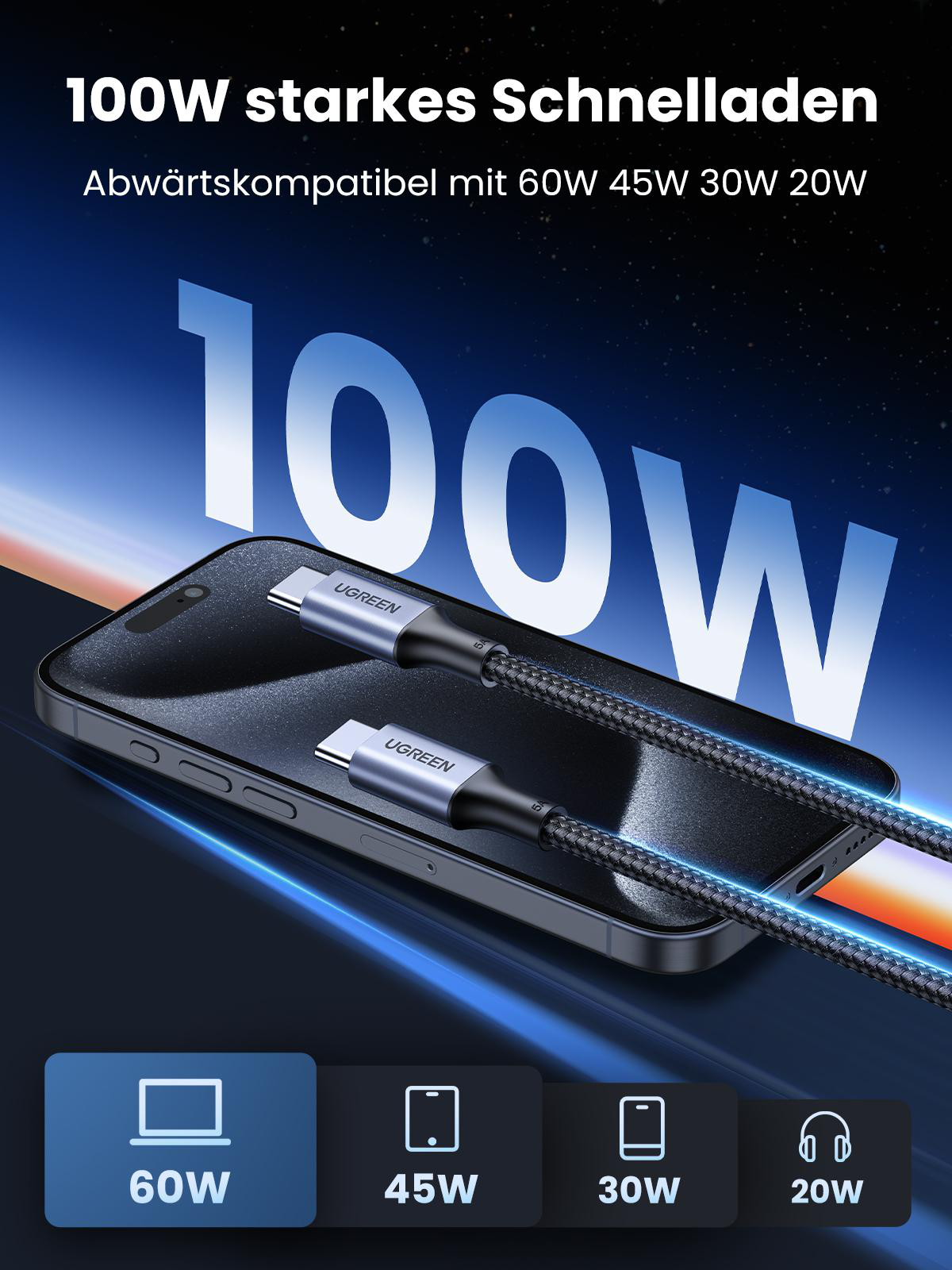 Ein schwarzes Telefon mit Kabel und 100W Ladeabbildung mit Symbolen auf dunklem Hintergrund.