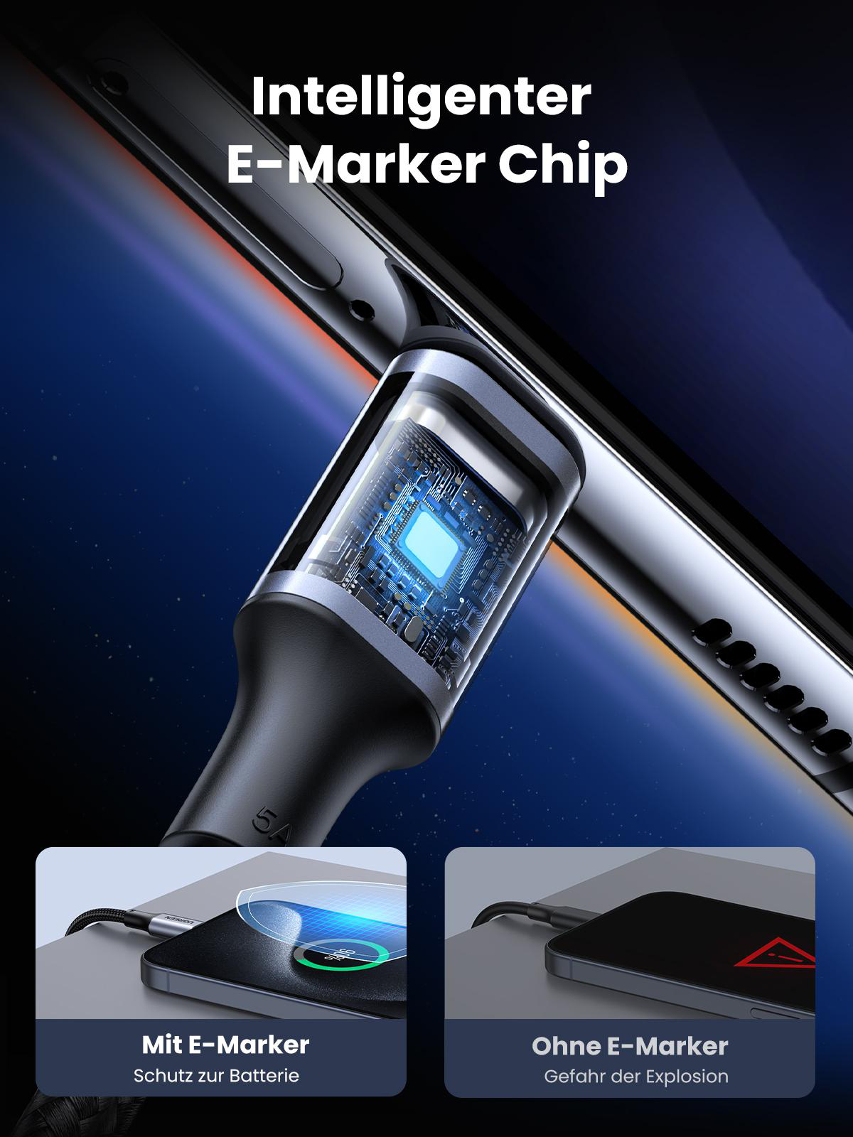 Nahaufnahme eines Ladekabels und eines Smartphones. Das Kabel hat einen E-Marker-Chip zum Schutz der Batterie.