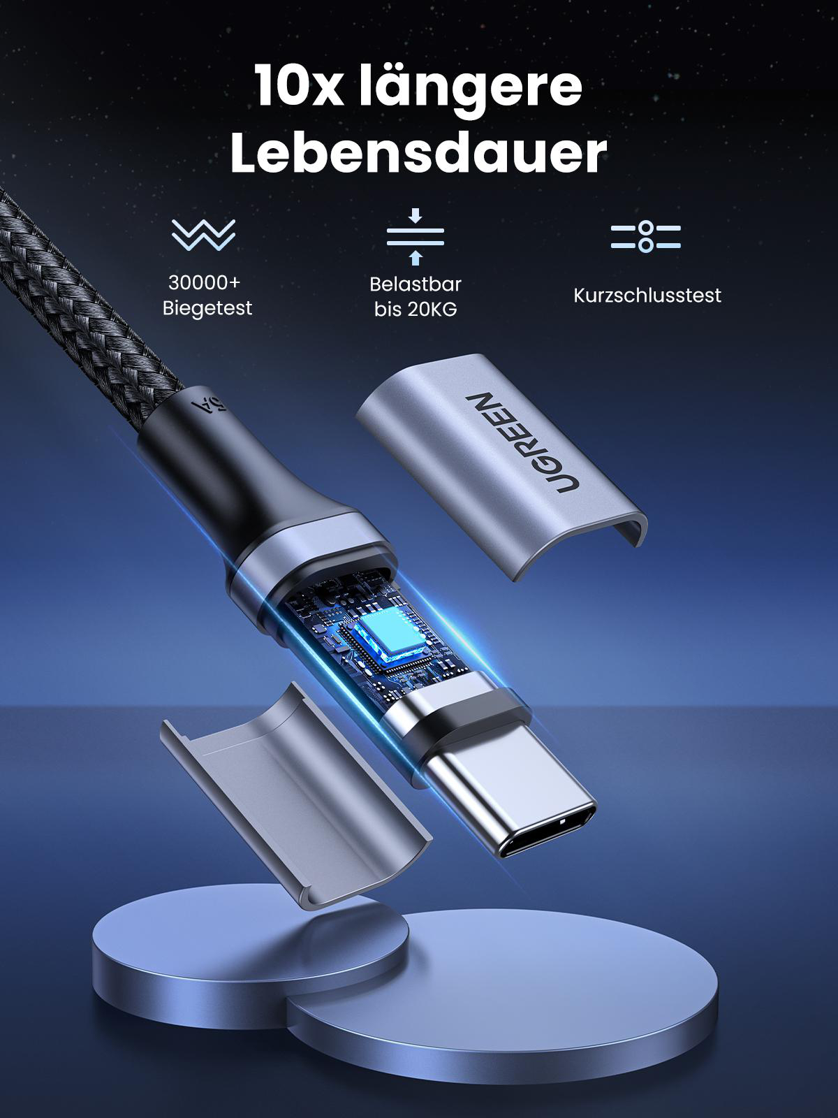 Nahaufnahme eines USB-C-Kabels, das die internen Komponenten und Haltbarkeitsmerkmale zeigt.
