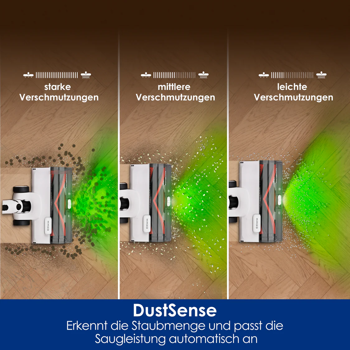Diagramma che mostra la testina dell'aspirapolvere, i livelli di rimozione della polvere e il testo in tedesco.