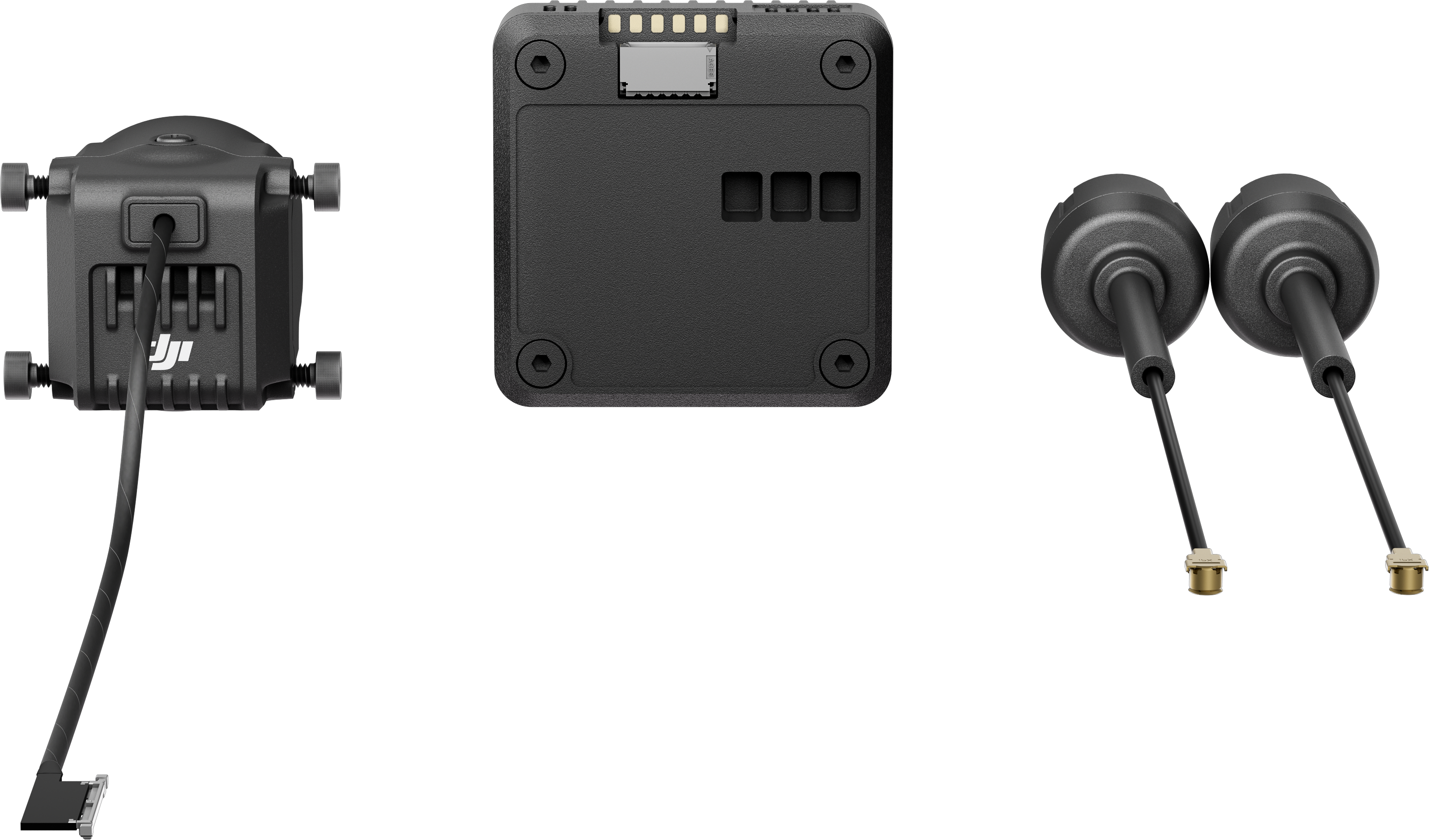 Accessoires de drone noirs sur fond noir.