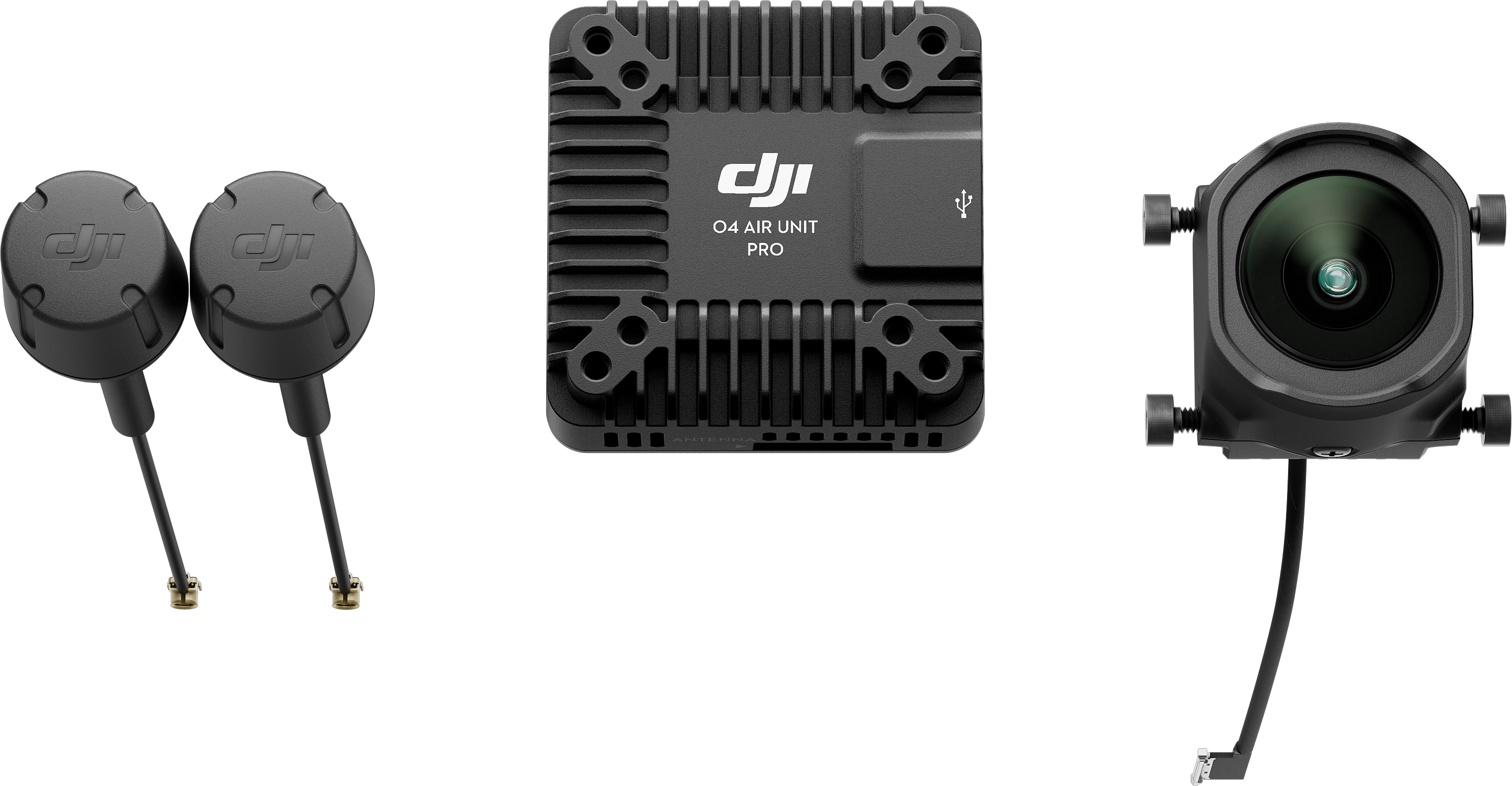 Composants DJI O4 Air Unit Pro : deux antennes rondes, une unité carrée et une caméra.