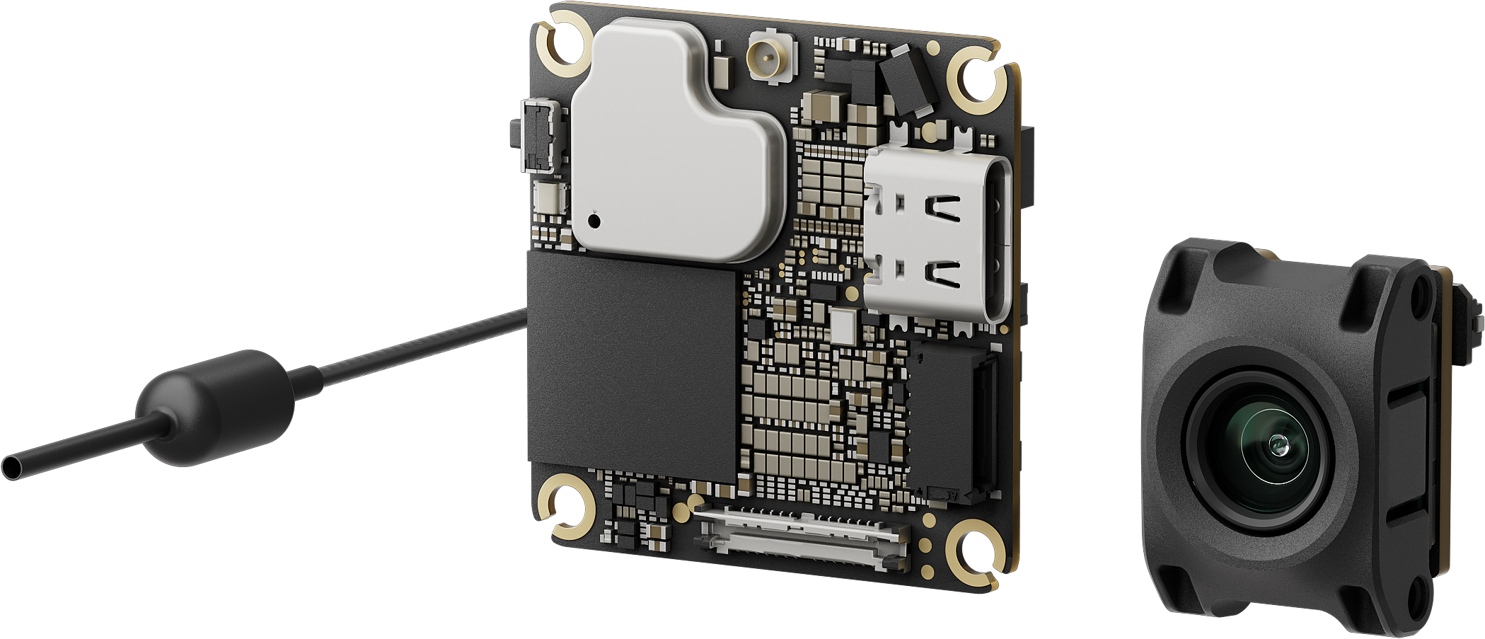 Composants d'un système DJI : une carte de circuit imprimé, une caméra et un câble.