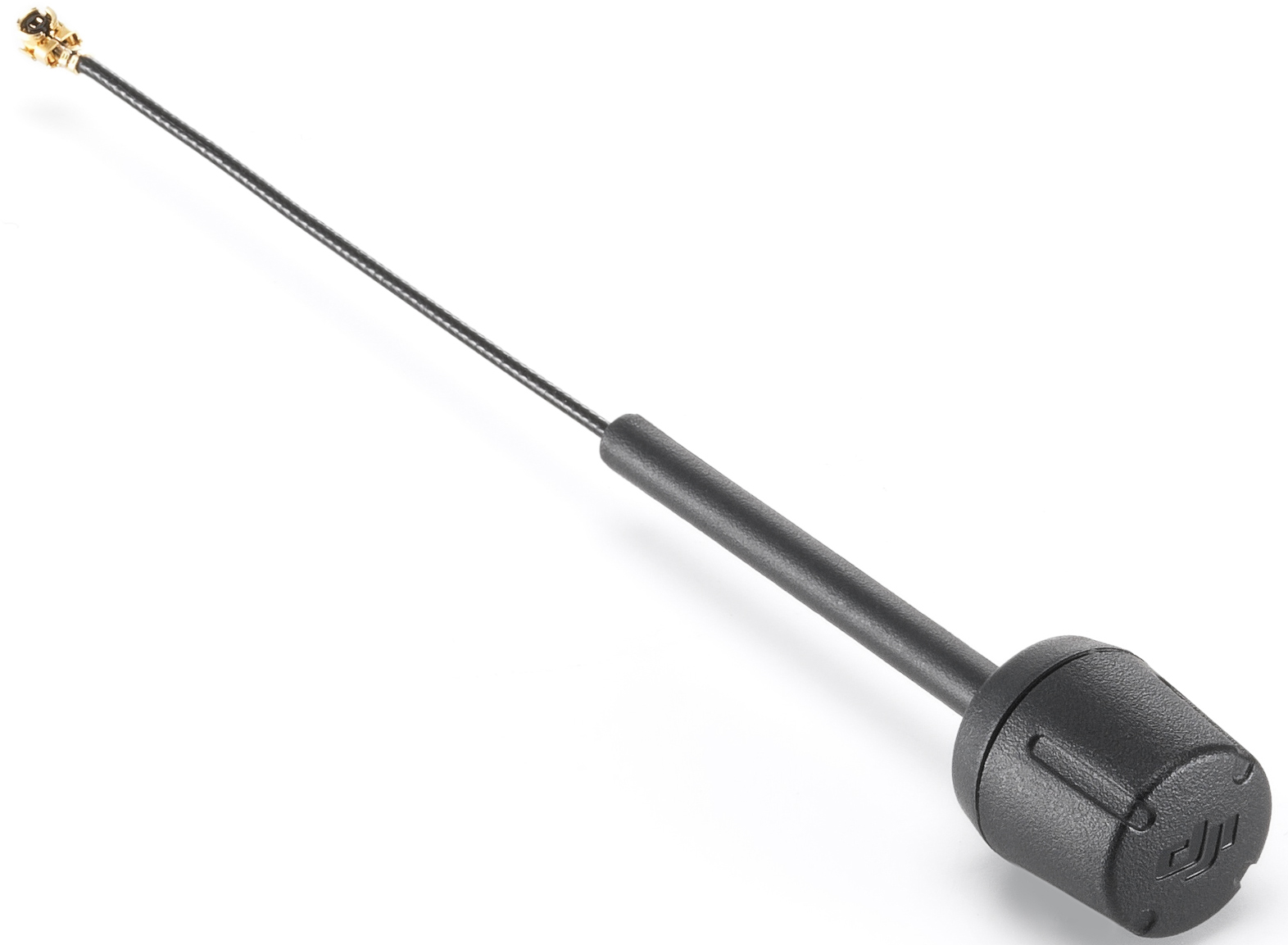 Schwarze DJI-Antenne mit einem dünnen schwarzen Kabel.