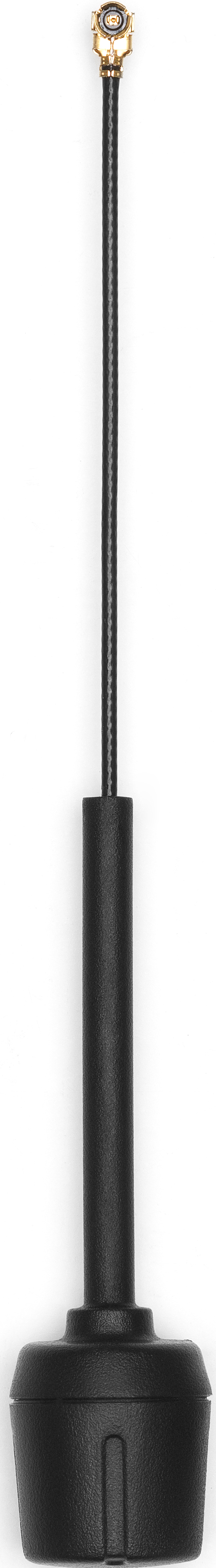 Schwarze Antenne mit Metallanschluss. Sie hat ein schwarzes Kabel und einen schwarzen Fuß.