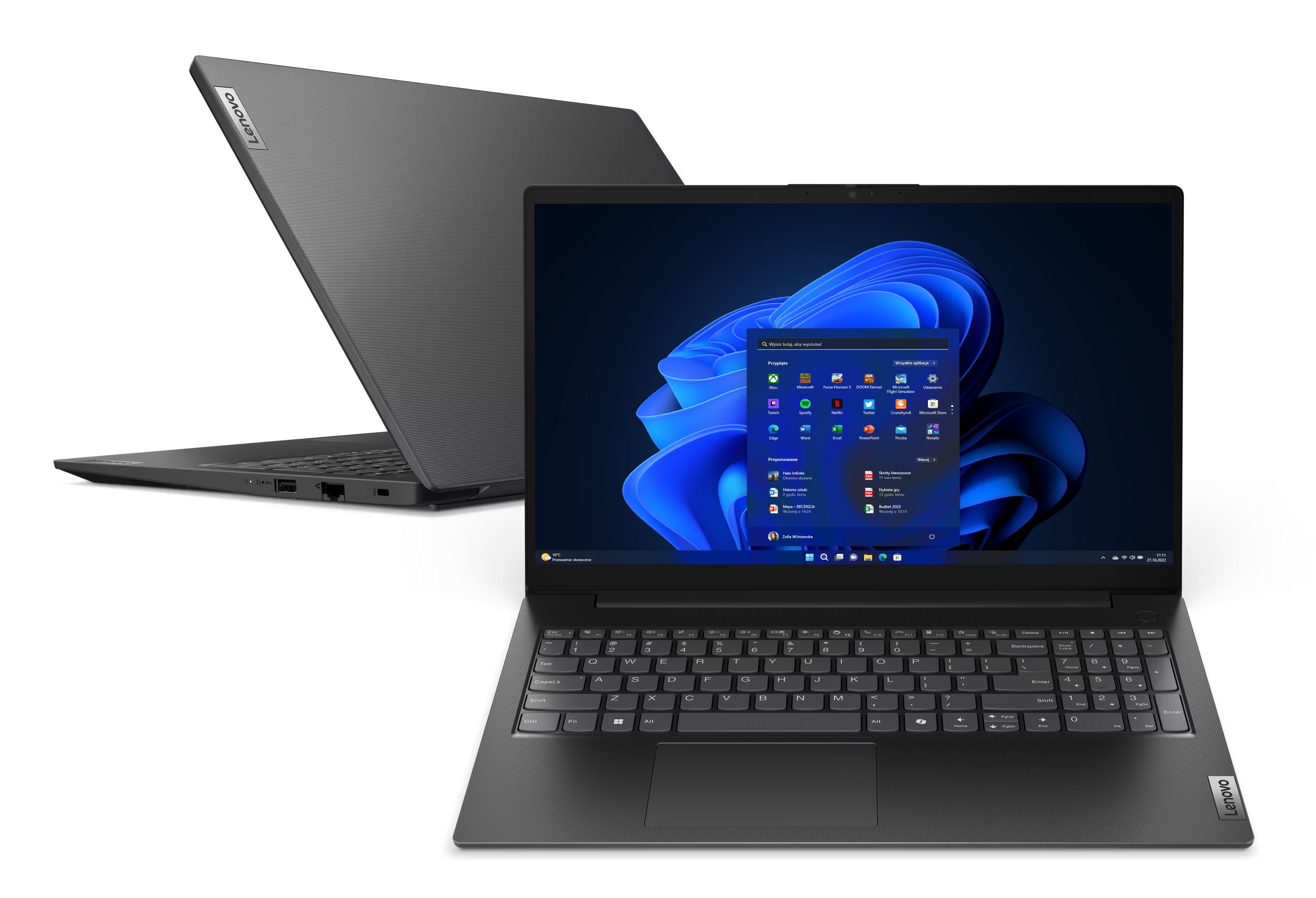 Dwa laptopy, jeden otwarty, wyświetlający interfejs Windows, z czarnym tłem. Widoczne logo Lenovo.