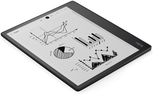 Tablet nero con grafici sullo schermo, vista angolata, su sfondo trasparente.