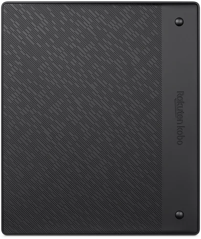 Retro del Kobo eReader nero. Motivo strutturato, due linee nere, logo Rakuten kobo.