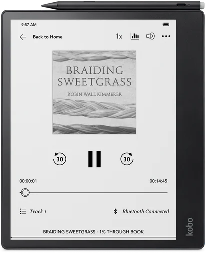 Kobo eReader con copertina del libro e controlli di riproduzione. Una penna è posizionata sopra.